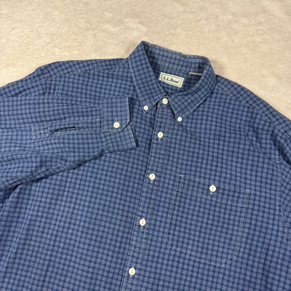 LL Bean Button Down Shirt Men L Blue Micro Check Plaid Cotton Long Sleeve Pocket